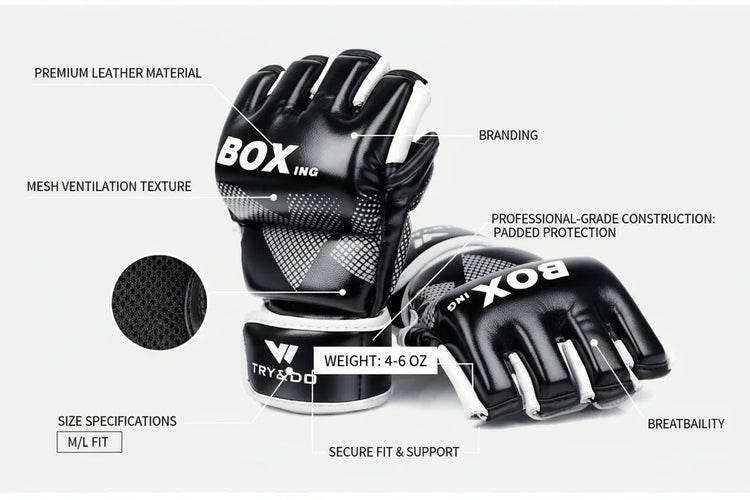 Black premium leather boxing gloves with mesh ventilation, padded protection, and secure fit.