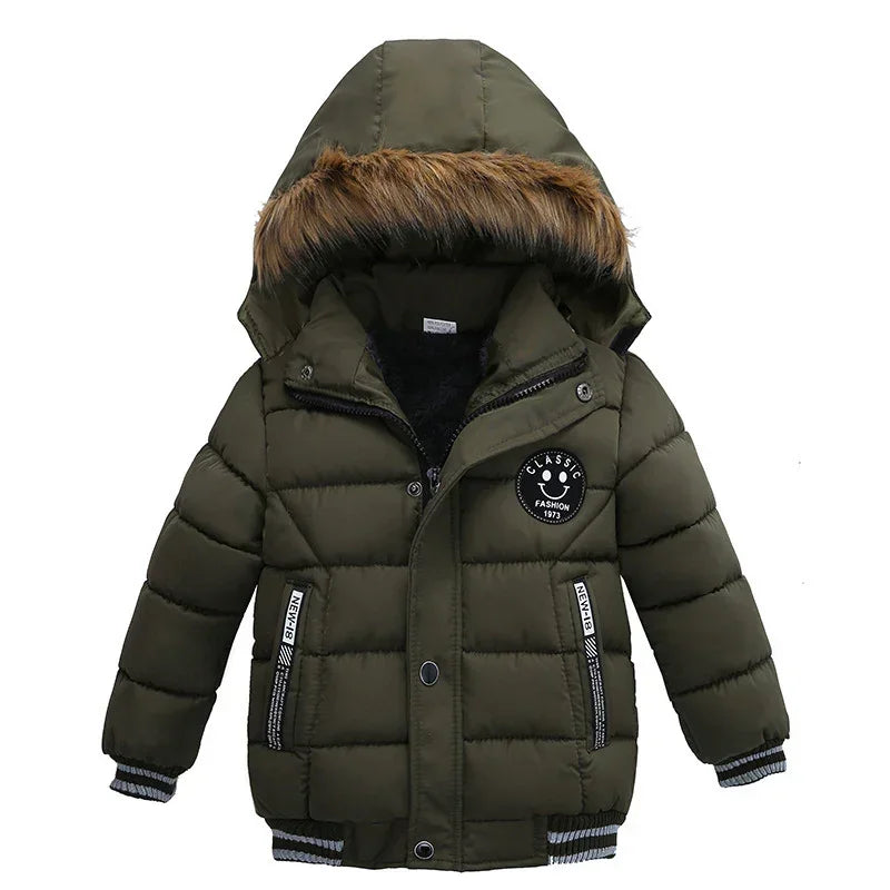 Olive green puffer jacket with hood, faux fur trim, patch detail, and ribbed cuffs