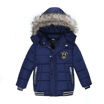Kids blue puffer jacket with faux fur hood, patch detail, quilted design, regular fit