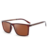 Rectangular brown sunglasses with slim acetate frame and tinted lenses on white background