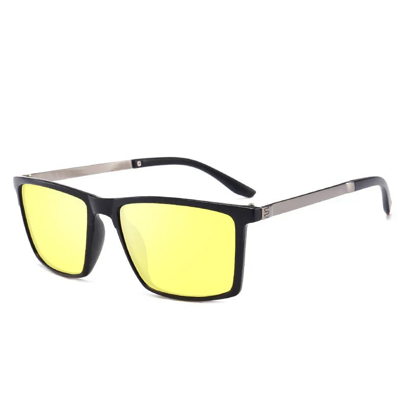 Modern square sunglasses with black frame, yellow lenses, and metal temples, streetwear style