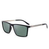 Black square-frame sunglasses with metallic temples and dark tinted lenses