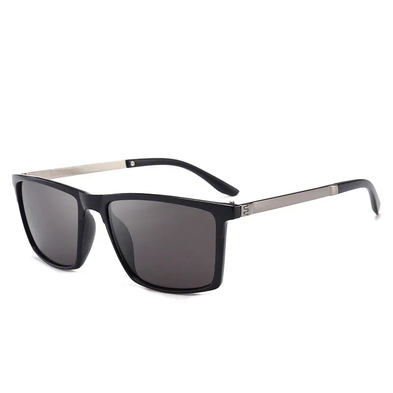 Matte black square-frame sunglasses with grey lenses and metal arms, modern streetwear style