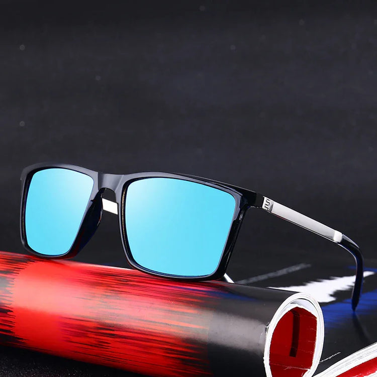 Square black frame sunglasses with blue mirrored lenses and sleek metal arms on black background