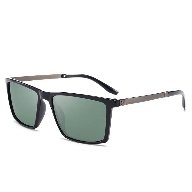 Modern square sunglasses with black frames, metal arms, and dark green tinted lenses