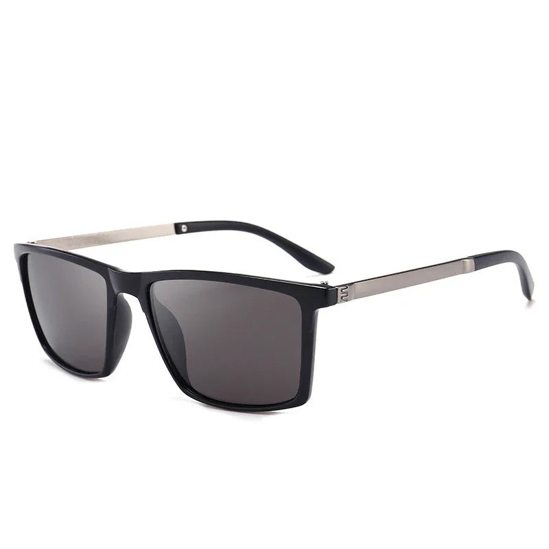 Black square-frame sunglasses with dark lenses and metallic temples, modern streetwear style
