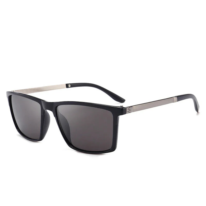 Black rectangular sunglasses with dark lenses and silver metal arms, modern streetwear style