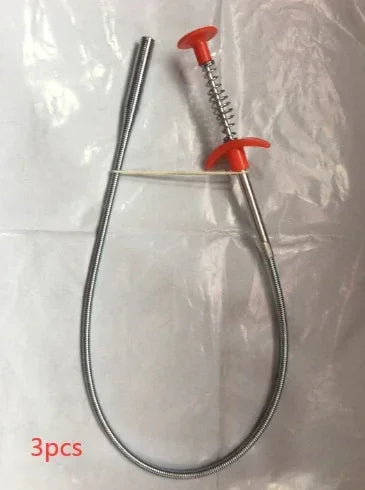 Flexible metal drain clog remover with red plastic handle and spring-loaded grip
