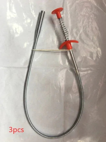 Flexible metal drain clog remover with red plastic handle and spring-loaded grip