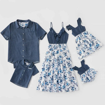 Matching family outfits in blue denim and floral print, short sleeves and sleeveless designs.