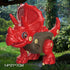 Red and brown plastic triceratops toy with screw details, outdoor forest background