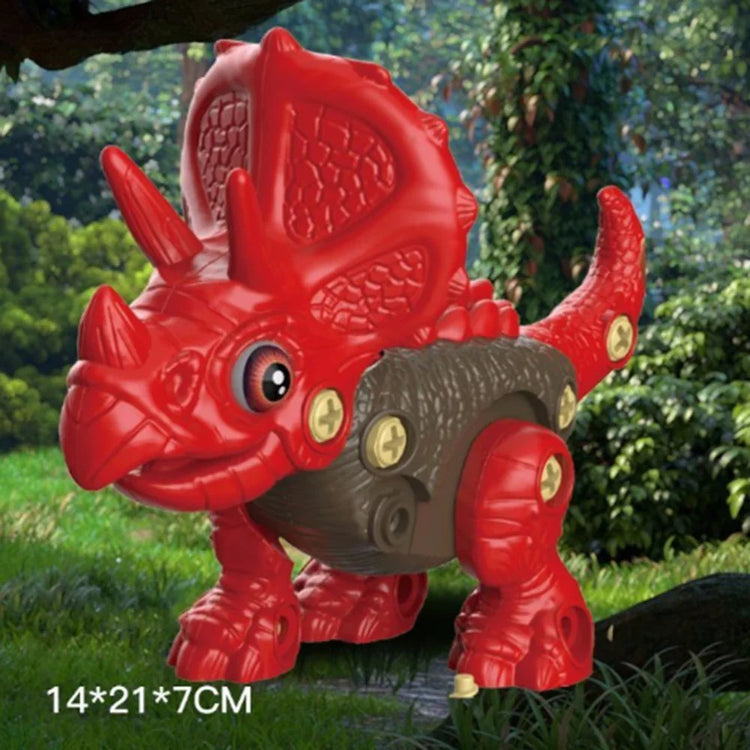 Red and brown plastic triceratops toy with screw details, outdoor forest background