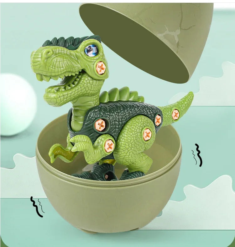 Green plastic dinosaur toy with textured body, joint screws, and egg-shaped case