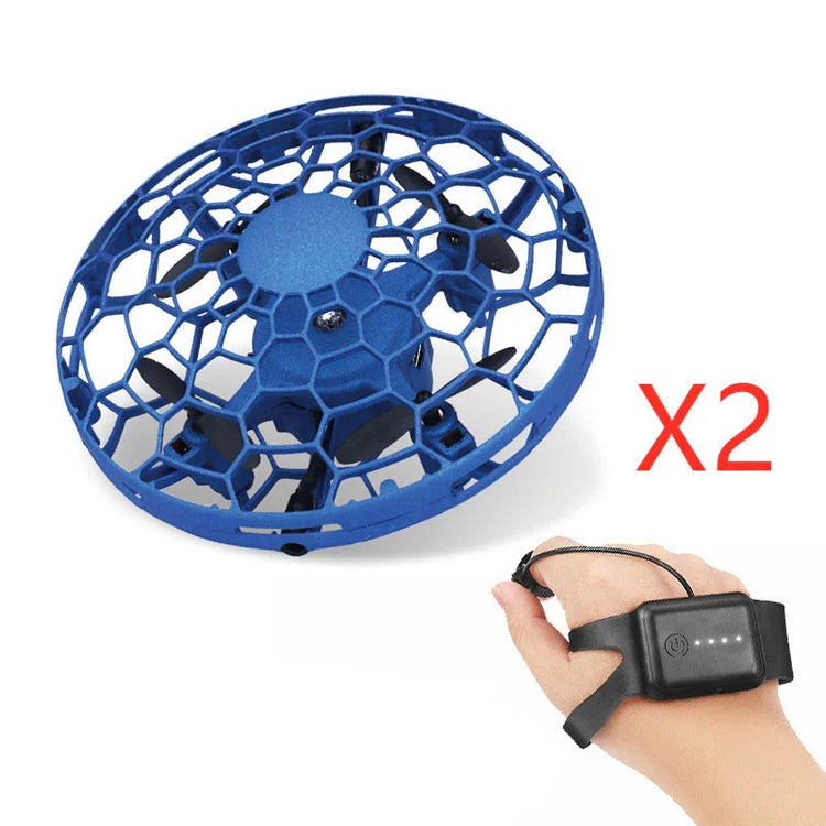 Blue futuristic drone toy with circular mesh shell and wearable remote controller, set of two.