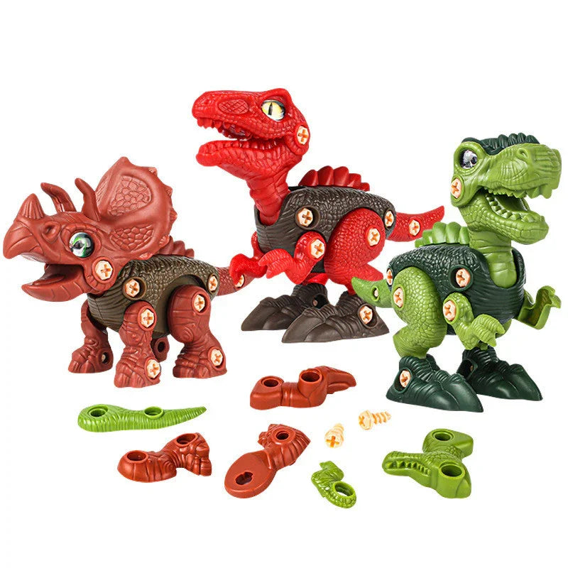 Colorful plastic dinosaur toys with interchangeable parts, textured surface, and jointed limbs.