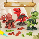 Colorful plastic dinosaur building toys in red, green, and brown, with screw-together parts