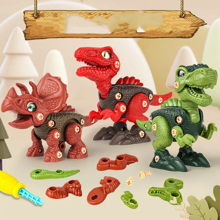 Colorful plastic dinosaur building toys in red, green, and brown, with screw-together parts