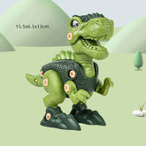 Green plastic dinosaur toy with textured body, jointed limbs, and visible screws