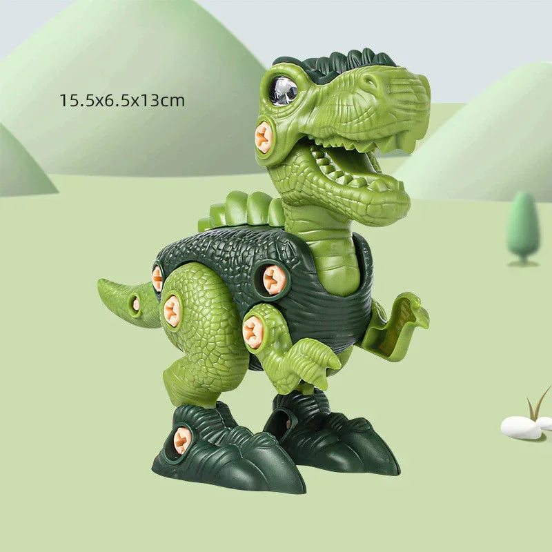 Green plastic dinosaur toy with textured body, jointed limbs, and visible screws