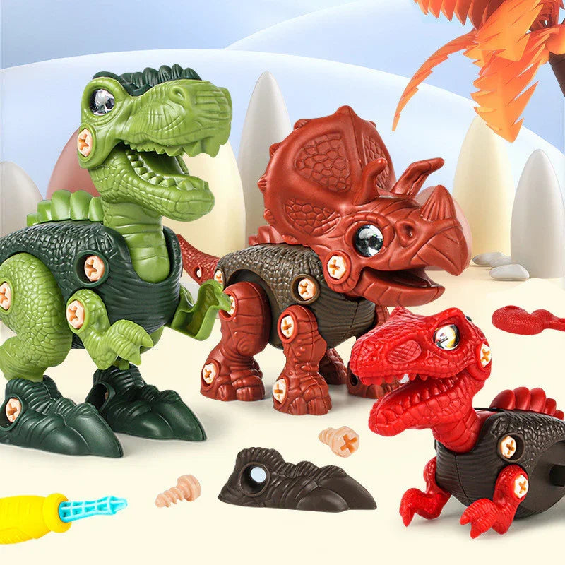 Colorful plastic dinosaur toys with movable joints and screw details on a light background