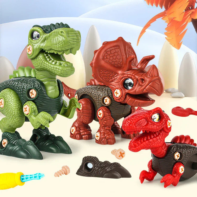 Colorful plastic dinosaur toys with movable joints and screw details on a light background