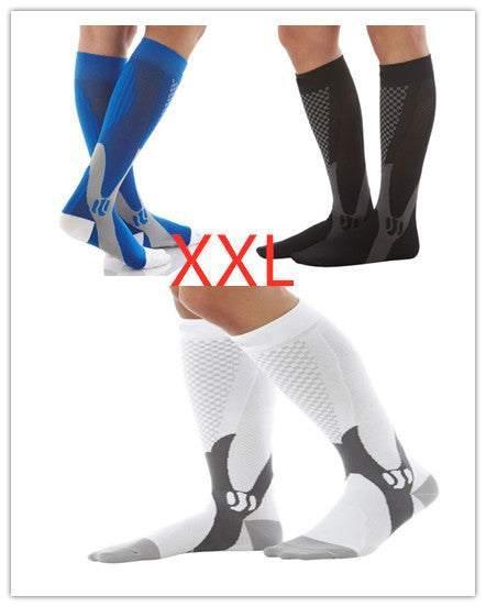 Knee-high compression socks in blue, black, and white with mesh panels, athletic fit, size XXL.