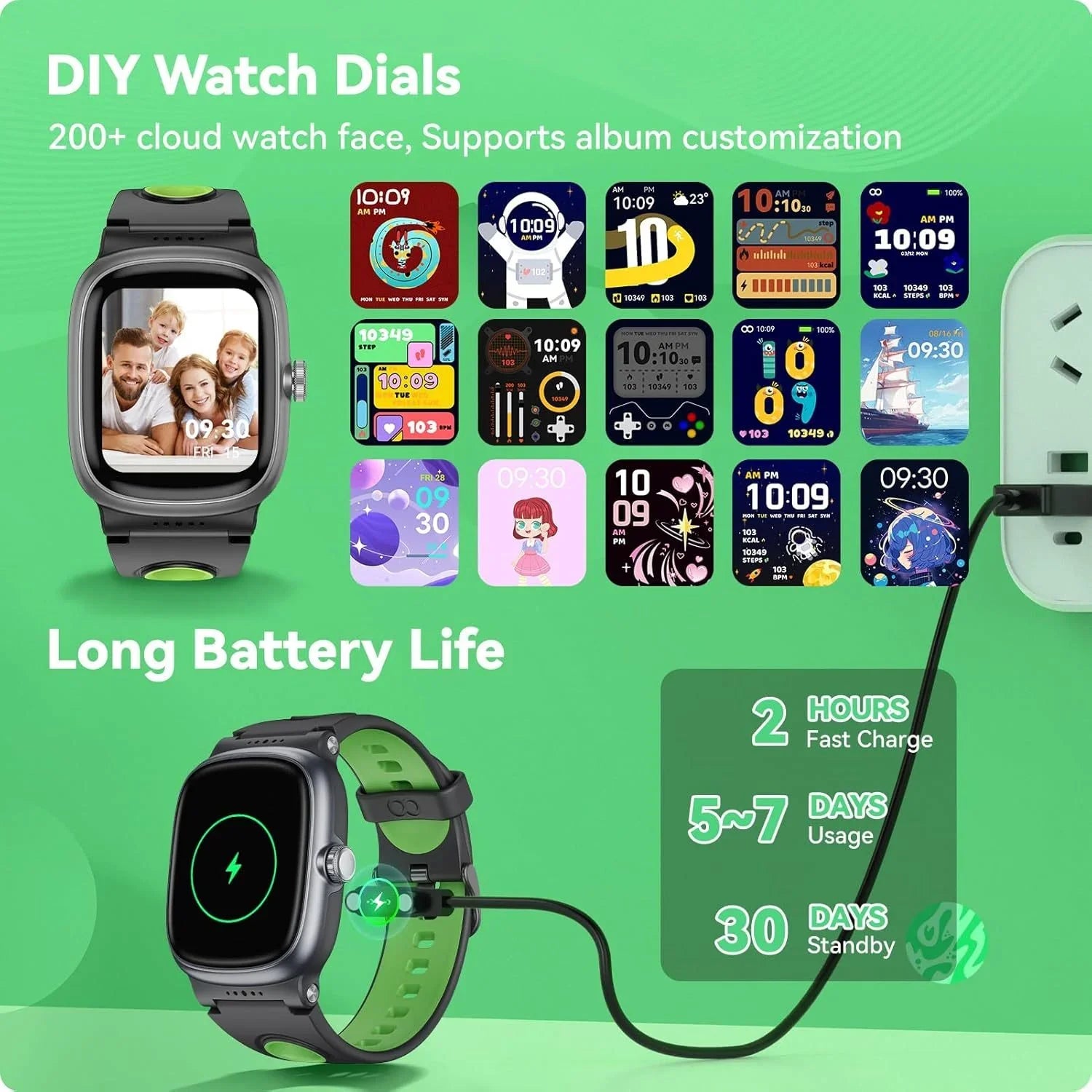 Black and green smartwatch with customizable digital dials, long battery life, sporty fit