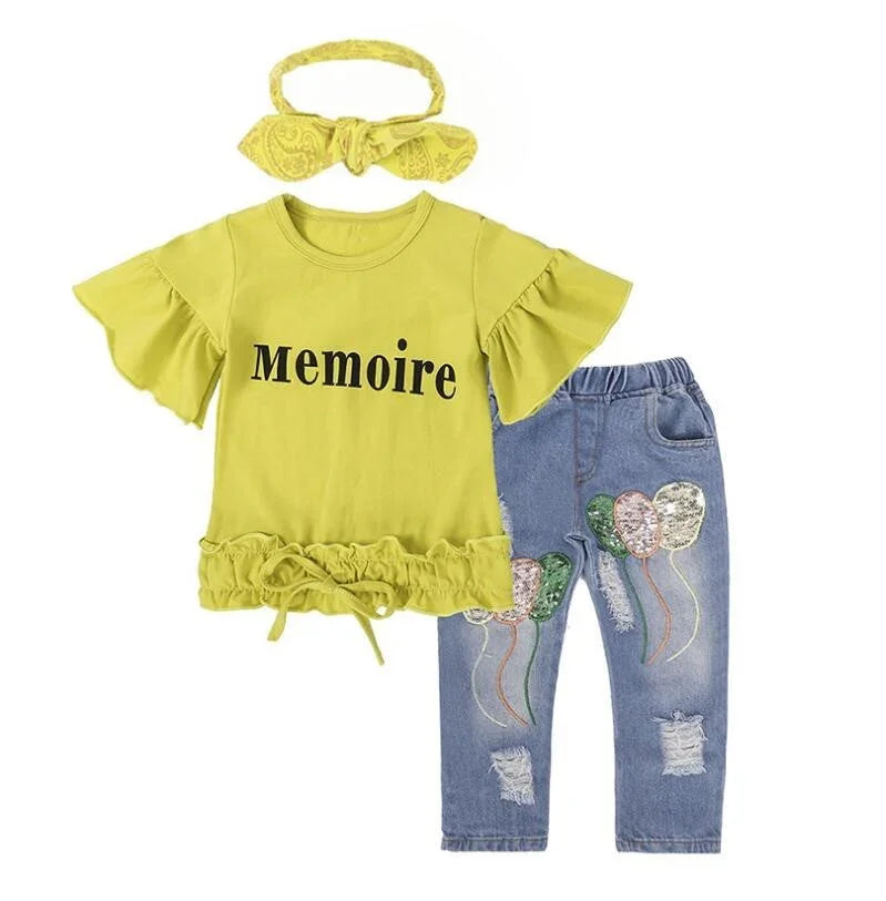 Yellow ruffle sleeve t-shirt, distressed denim jeans with balloon embroidery, matching headband