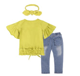 Yellow ruffle sleeve top with matching headband and blue denim jeans set for kids