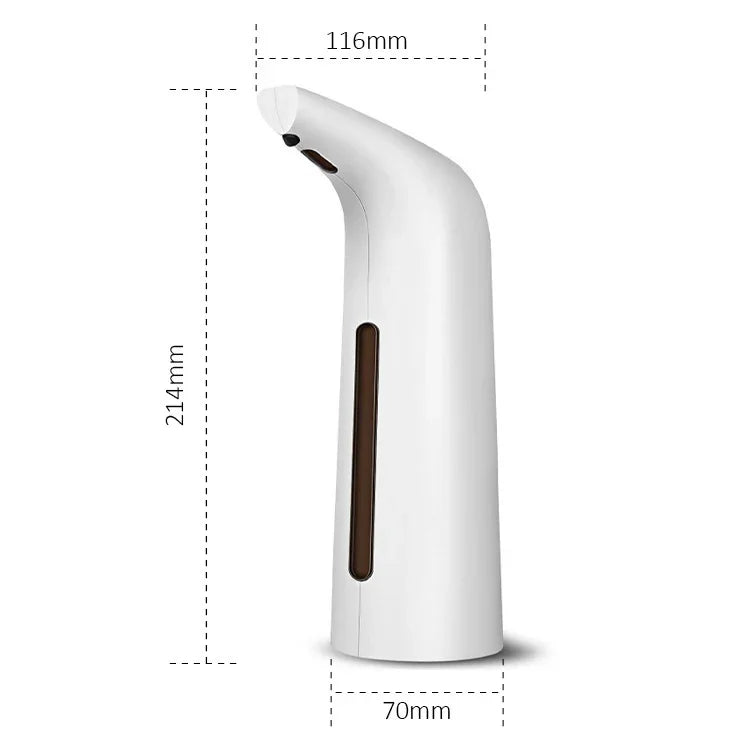 White automatic soap dispenser with touchless sensor, modern design, dimensions labeled