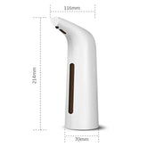 White automatic soap dispenser with touchless sensor, modern design, dimensions labeled