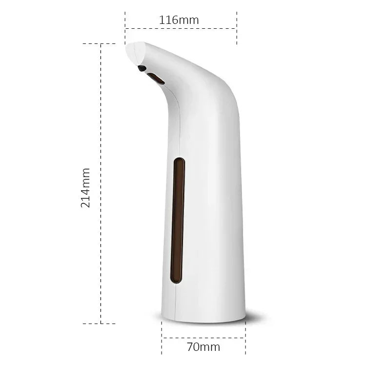 White automatic soap dispenser with touchless sensor, modern design, dimensions labeled
