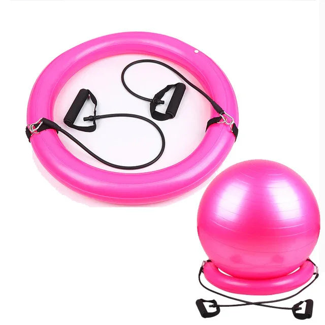 Pink inflatable exercise ball and ring with resistance bands, home workout fitness equipment