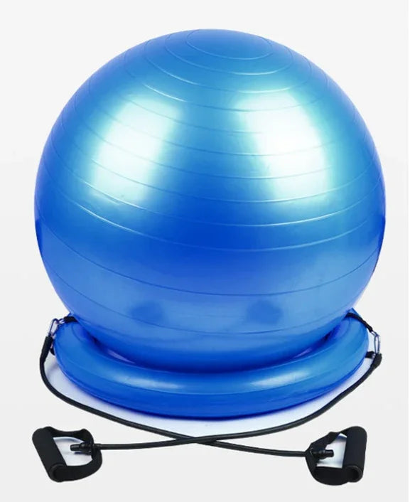 Blue inflatable exercise ball with resistance bands and flat base for home workouts