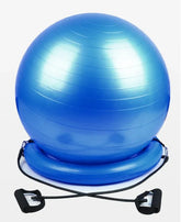 Blue inflatable exercise ball with resistance bands and flat base for home workouts