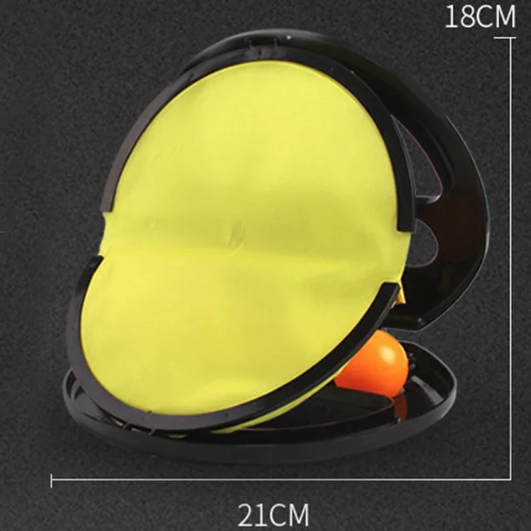 Round yellow and black paddle toy with ball, diameter 21cm by 18cm, plastic and fabric material