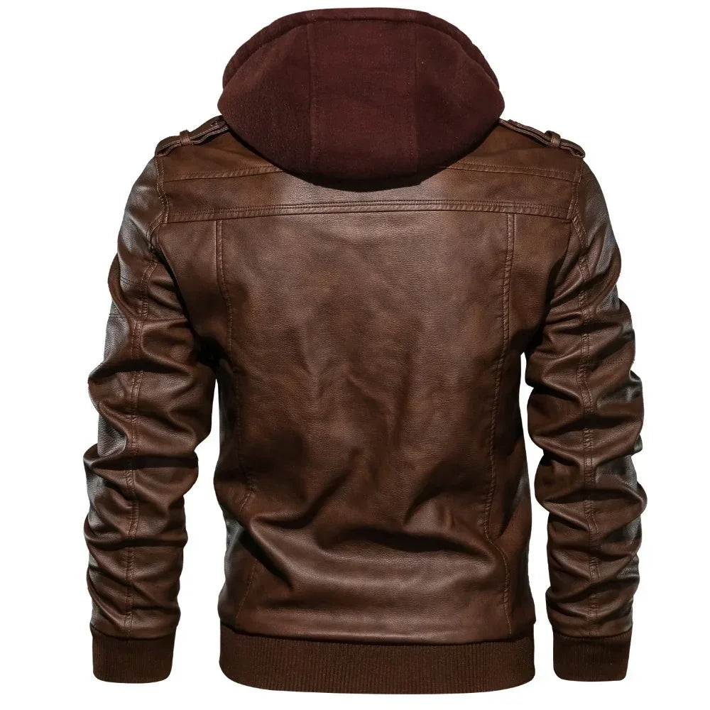 Brown faux leather jacket with brown hood, relaxed fit, ribbed cuffs and hem, back view