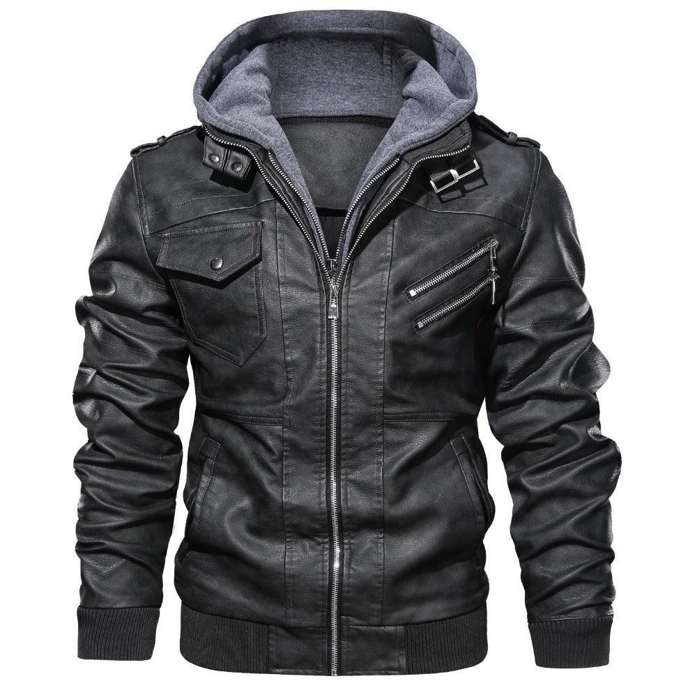 Black faux leather biker jacket with zip-up front, multiple pockets, and gray hood, slim fit