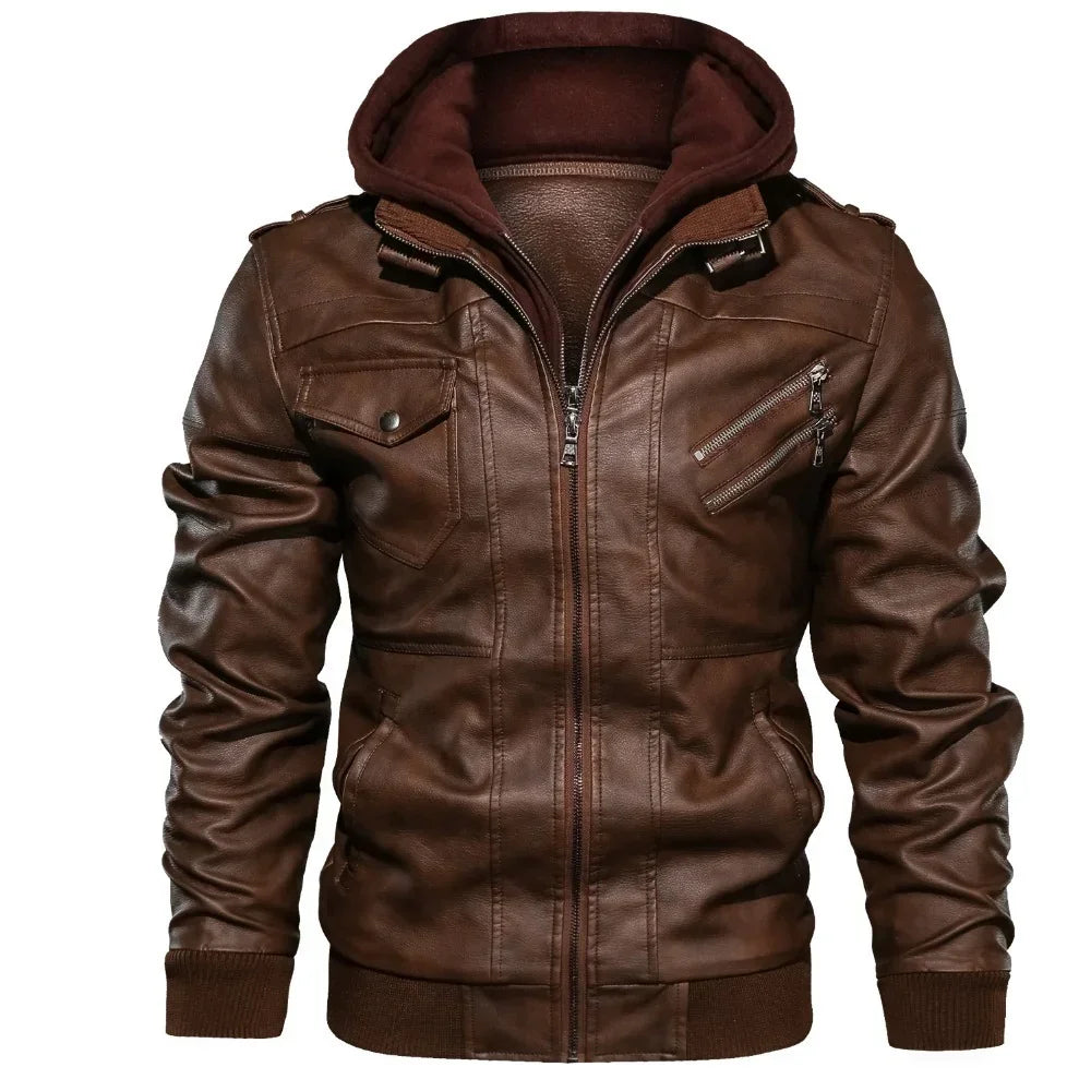 Brown faux leather jacket with front zipper, multiple pockets, and attached brown hood