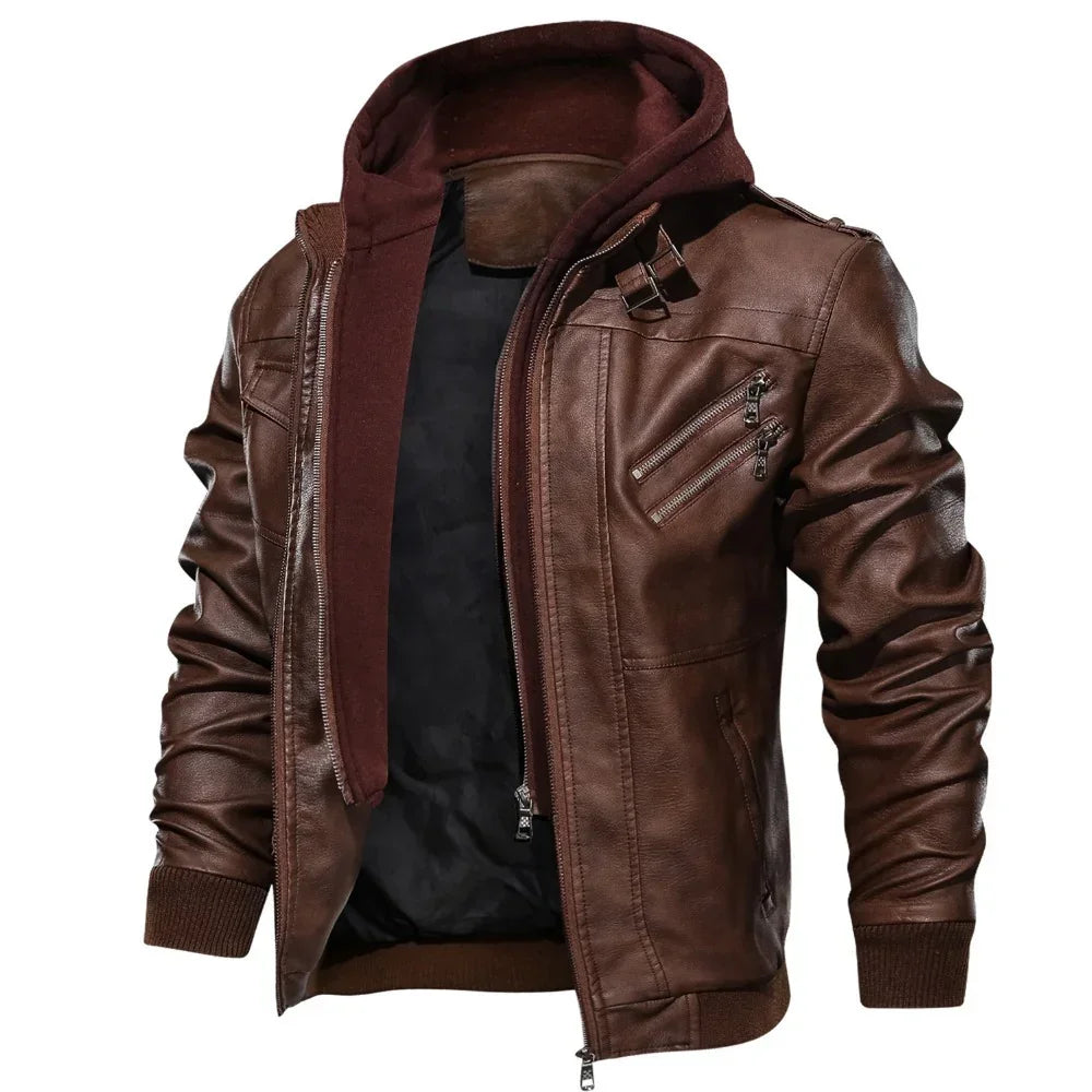 Brown faux leather jacket with zip pockets, ribbed cuffs, and detachable maroon hood