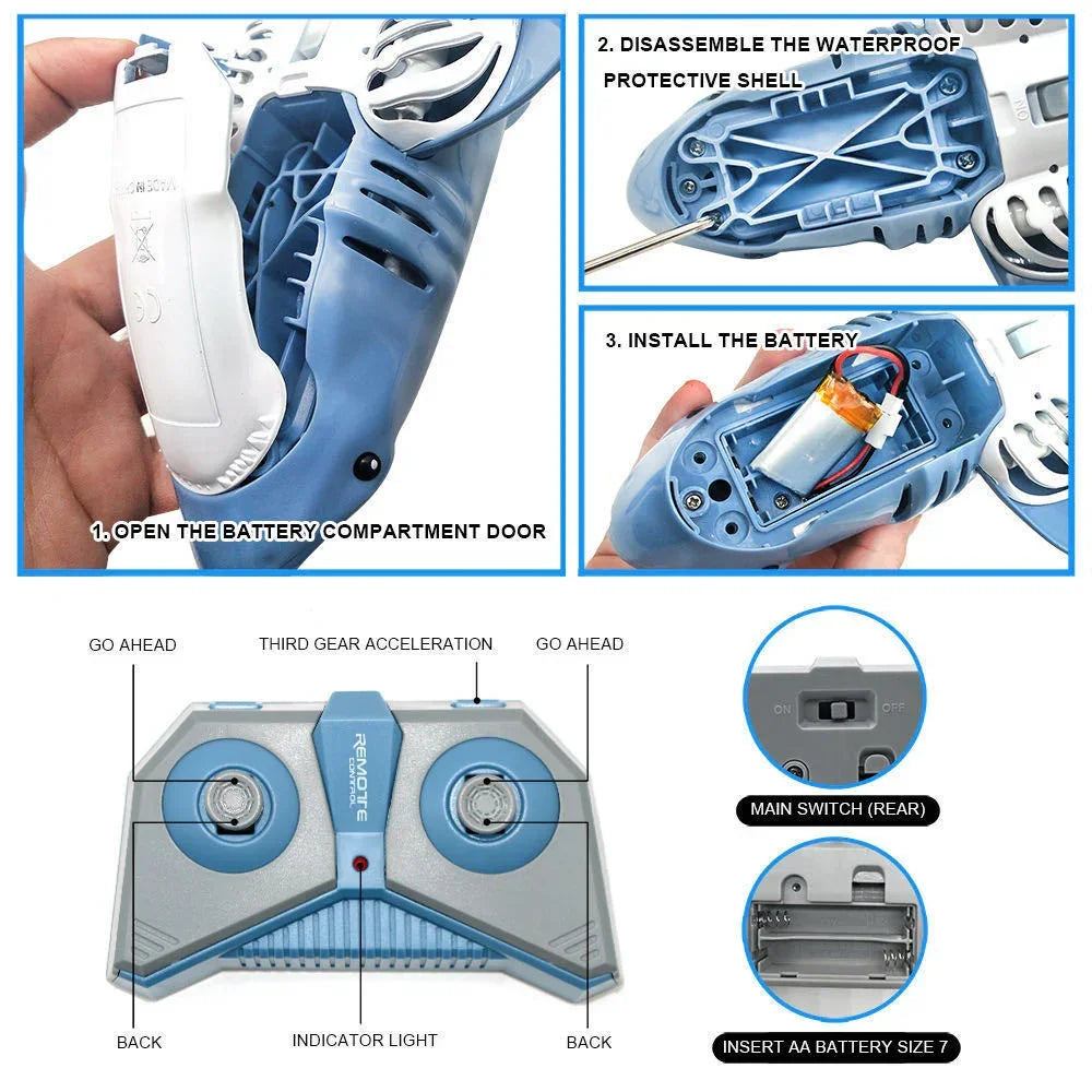 Blue and white plastic remote control toy with battery compartment instructions, battery installation, and remote functions shown.