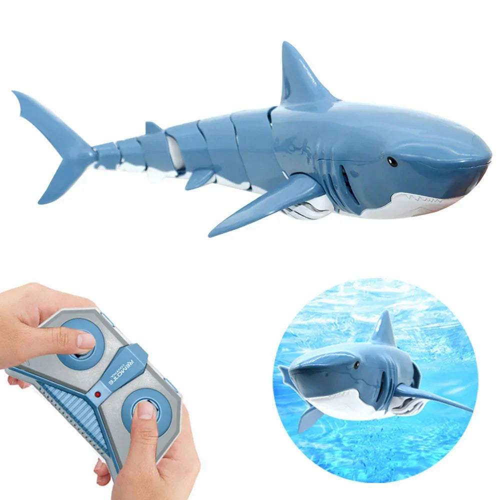 Remote control blue shark toy with segmented body and realistic aquatic design