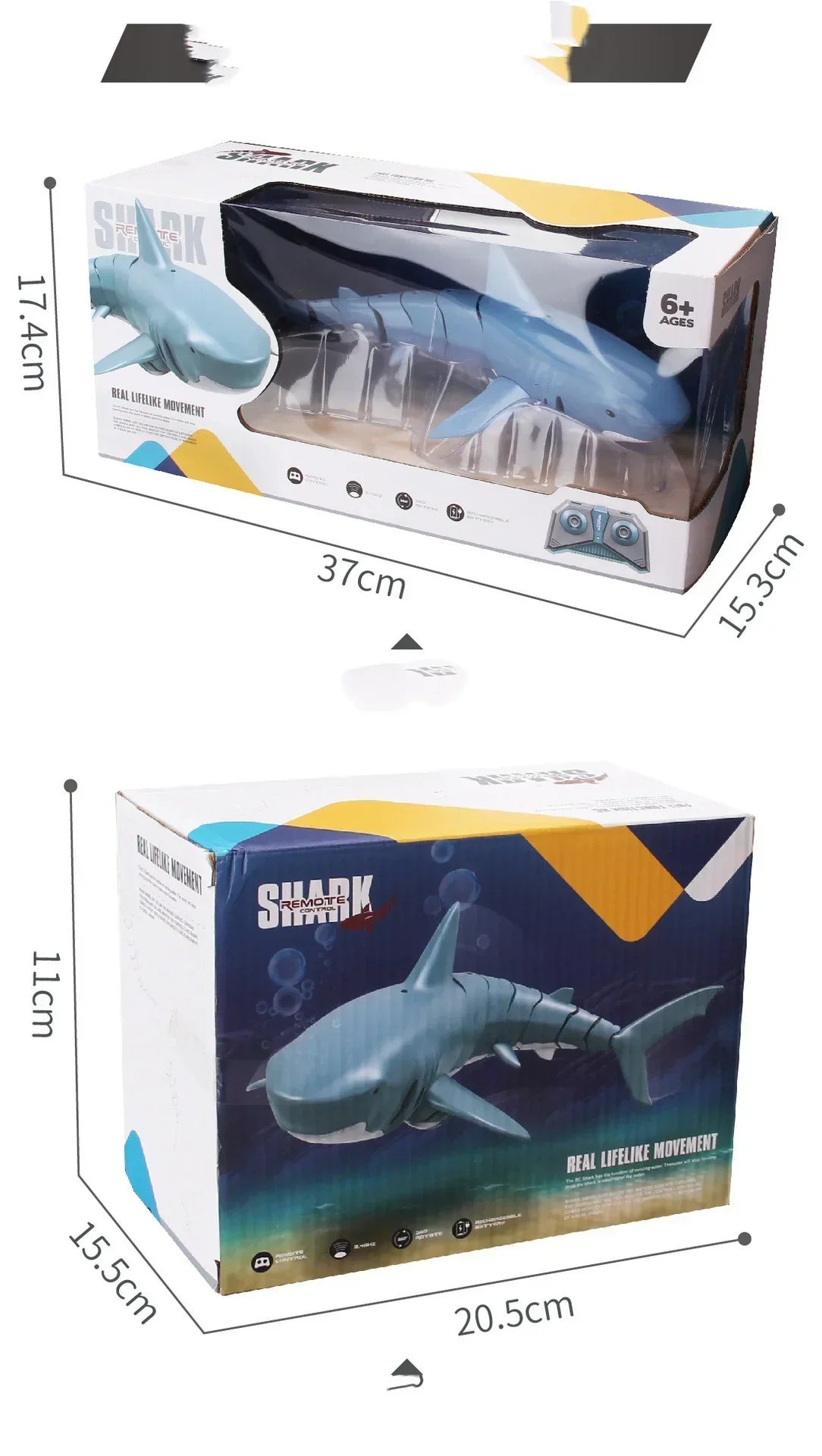 Blue remote control shark toy in display box, realistic movement, product packaging with dimensions.