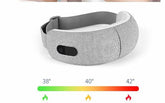 Light grey adjustable heated eye mask with soft fabric material and digital temperature display.