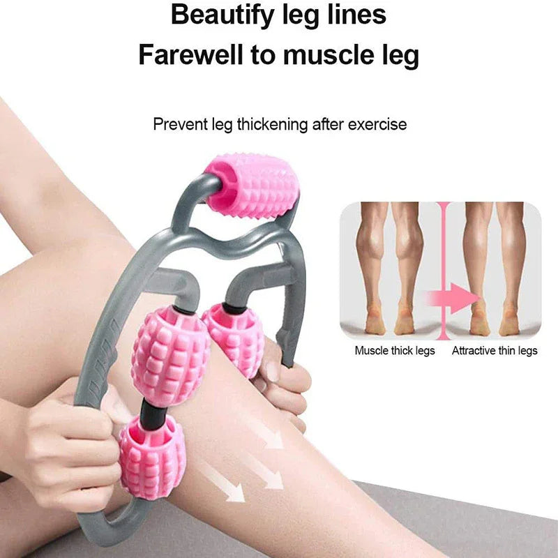 Leg massager roller with pink textured rollers in use on bare leg, fitness tool for slimming.