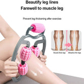 Leg massager roller with pink textured rollers in use on bare leg, fitness tool for slimming.