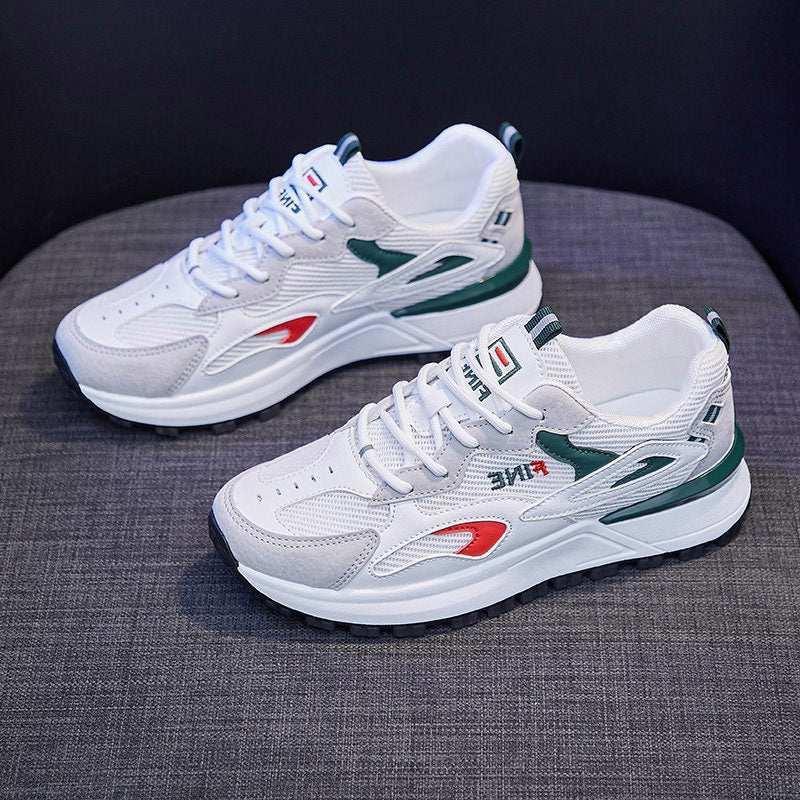White and gray mesh sneakers with green and red accents, chunky sole, modern streetwear style
