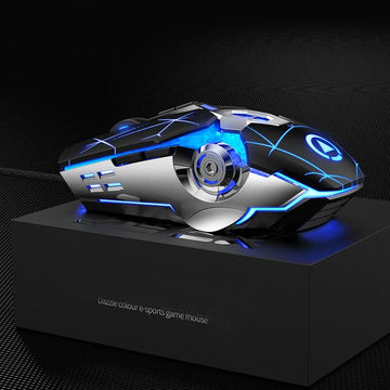 Futuristic black and silver gaming mouse with blue LED lights and ergonomic design