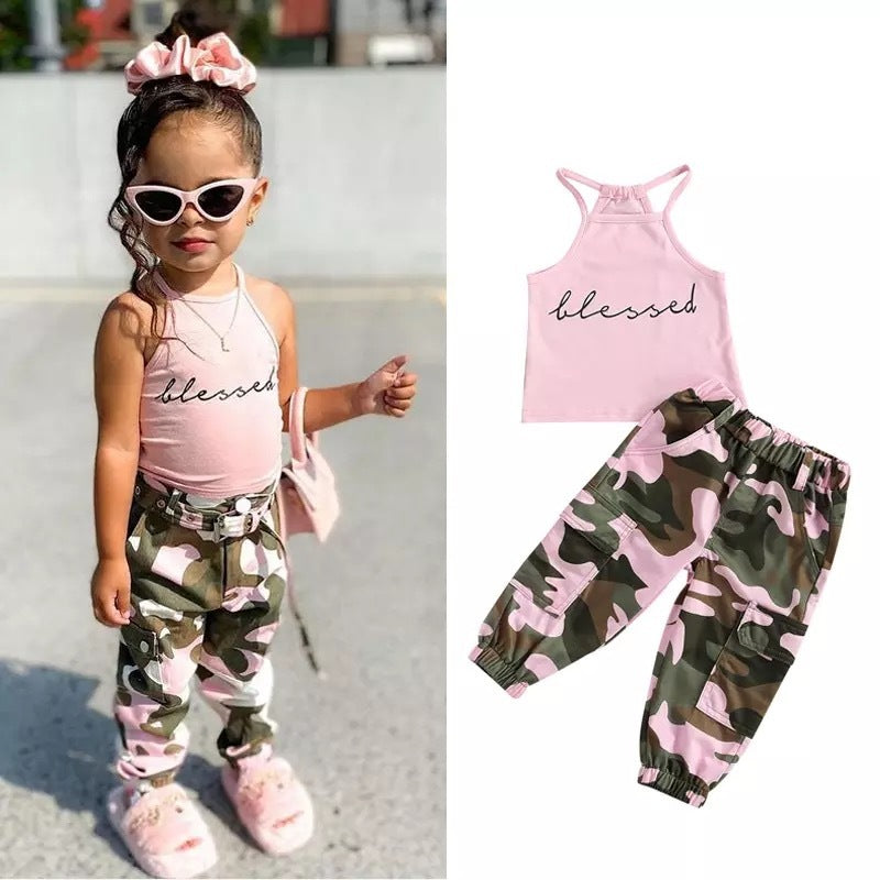 Girls Sleeveless Letter Vest Top Camouflage Trousers