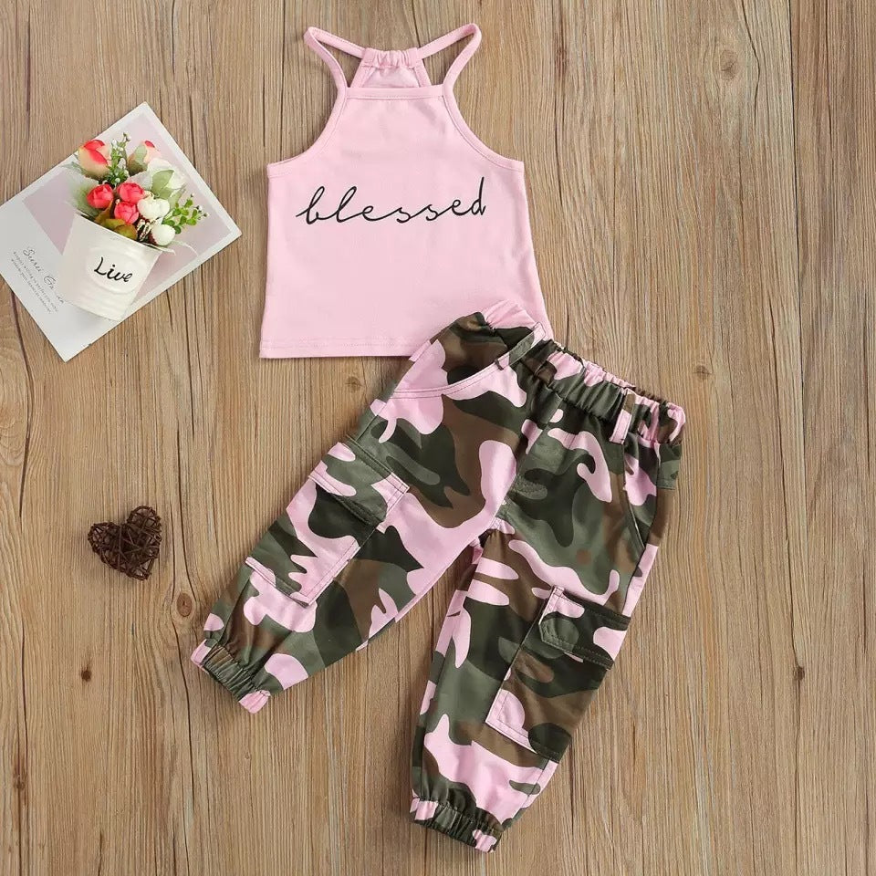 Girls Sleeveless Letter Vest Top Camouflage Trousers